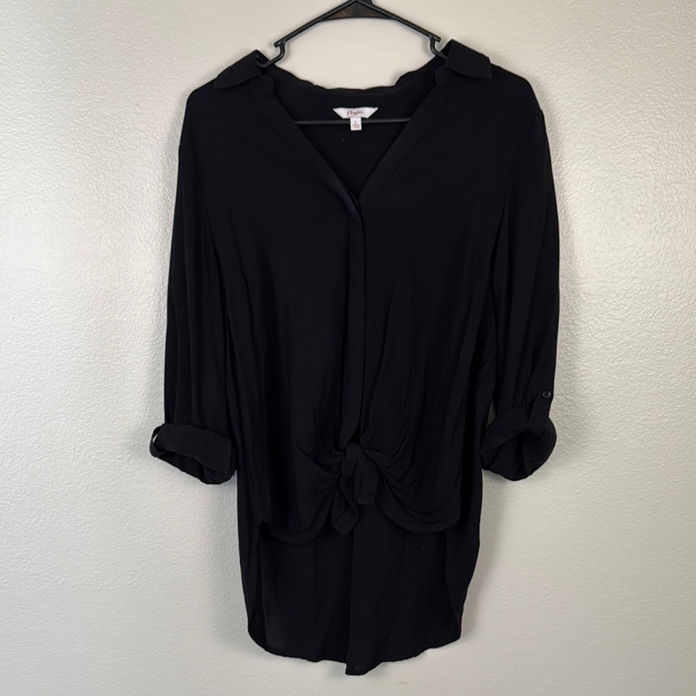 Candie's Black Button Down Shirt with Cuffed Sleeves and Tie Front